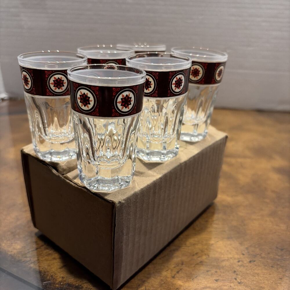 Set-6- 1960s Mid Century Vintage Brown Orange Starburst Shot Glasses
